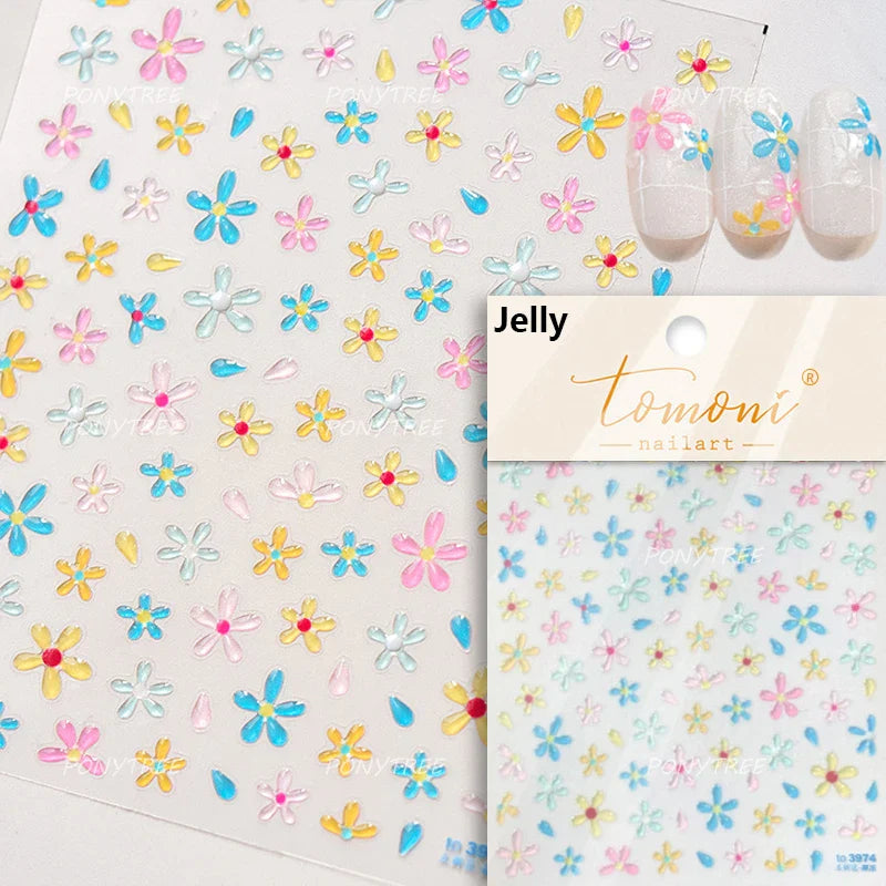 Cute Beige Yellow Pristine Fresh Daisy Flower 5D Shiny Soft Embossed Relief Charm Self Adhesive Nail Art Stickers Manicure Decal (ONLINE ORDER ONLY)