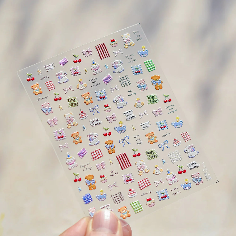Cute Animals Bear Dog Cake Sweet Cherry Grid Bowknot Star Line Fruit Relief Self Adhesive Nail Art Stickers 3D Manicure Decals (ONLINE ORDER ONLY)