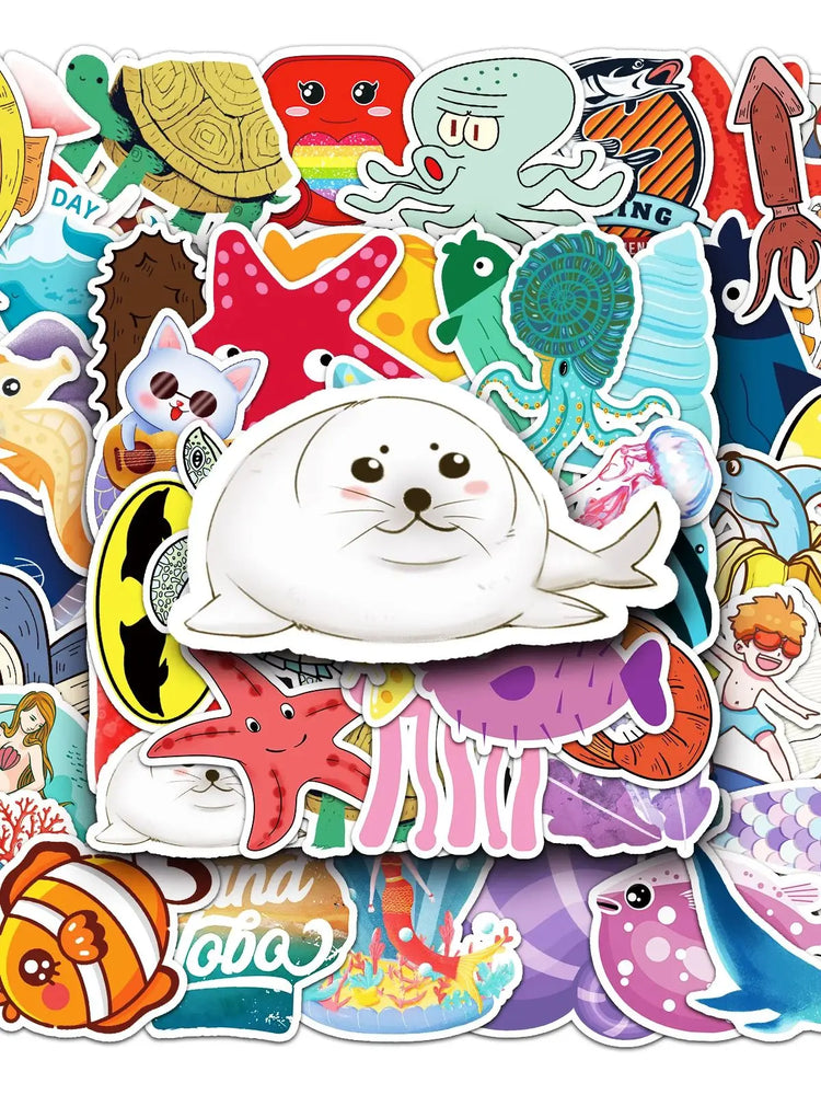 50Pcs Ocean Cartoon Waterproof Vinyl Stickers for Skateboard Snowboard (Online Order Only)