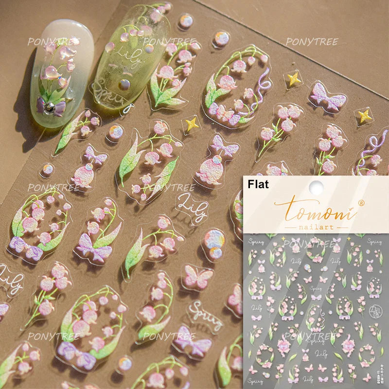 Pink Cherry Blossoms Peach Flower Petal Green Leaf Greenery 5D Embossed Relief Self Adhesive Nail Art Sticker 3D Manicure Decals (ONLINE ORDER ONLY)