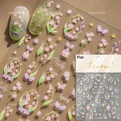 Pink Cherry Blossoms Peach Flower Petal Green Leaf Greenery 5D Embossed Relief Self Adhesive Nail Art Sticker 3D Manicure Decals (ONLINE ORDER ONLY)