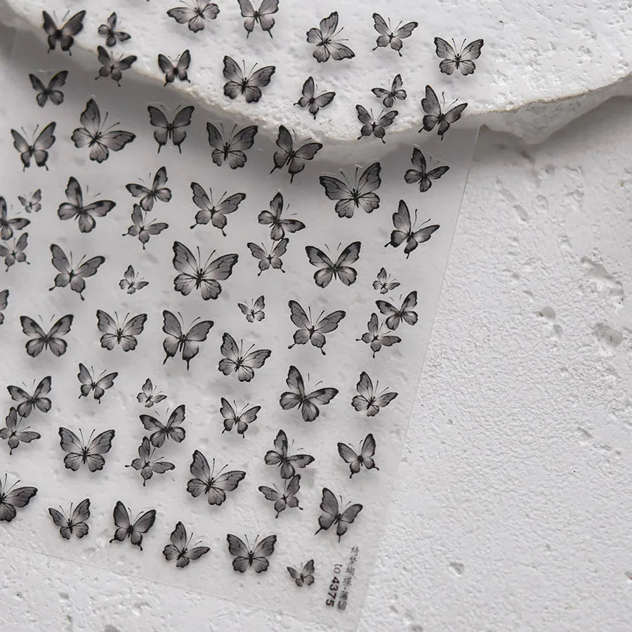 Charming Beautiful Black White Small Butterfly Flower Petal Love Heart Bowknot 5D Self Adhesive Nail Art Sticker Manicure Decals (Online Order Only)