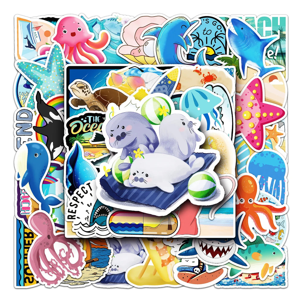 50Pcs Ocean Cartoon Waterproof Vinyl Stickers for Skateboard Snowboard (ONLINE ORDER ONLY)