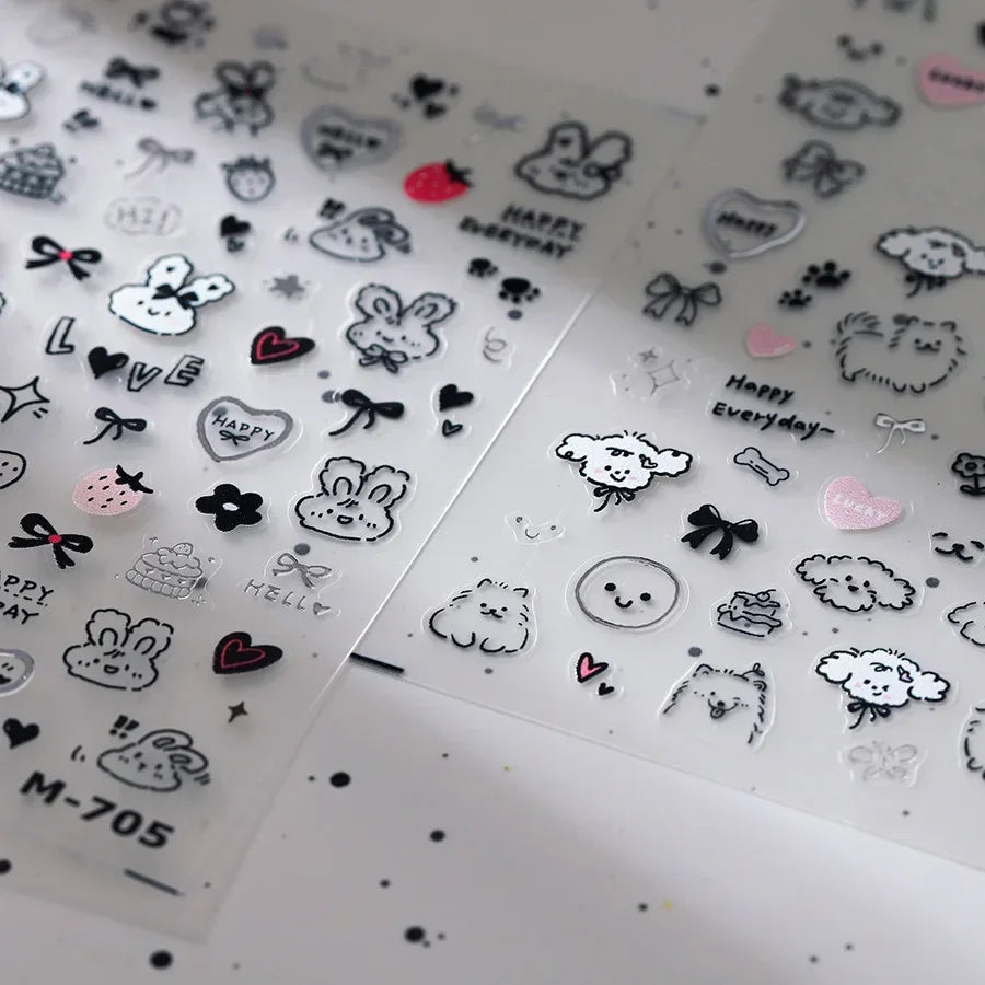 Dog Rabbit Line Bunny Footprint Bowknot Heart Cake Strawberry Flowers Bone Graffiti Adhesive Nail Art Stickers Manicure Decals (ONLINE ORDER ONLY)