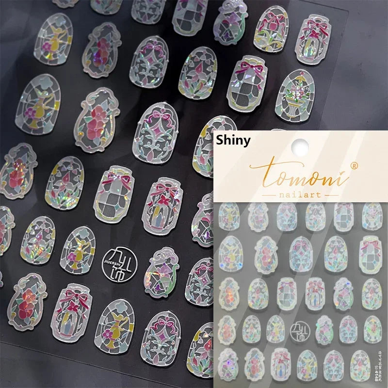 French Style Colorful Square Grid Rhombus Stripe Bowknot Line 3D Self Adhesive Nail Art Stickers Shiny Rhinestone Manicure Decal (Online Order Only)