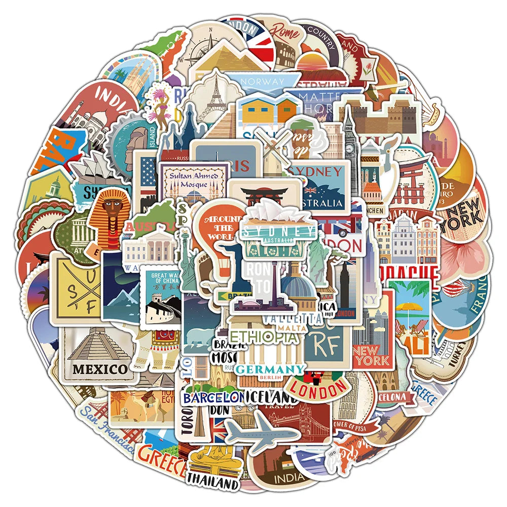 10/30/50/100PCS World Famous Building Stickers Travel Landmark Waterproof Guitar Suitcase Laptop Phone Luggage Car Sticker Decal (ONLINE ORDER ONLY)