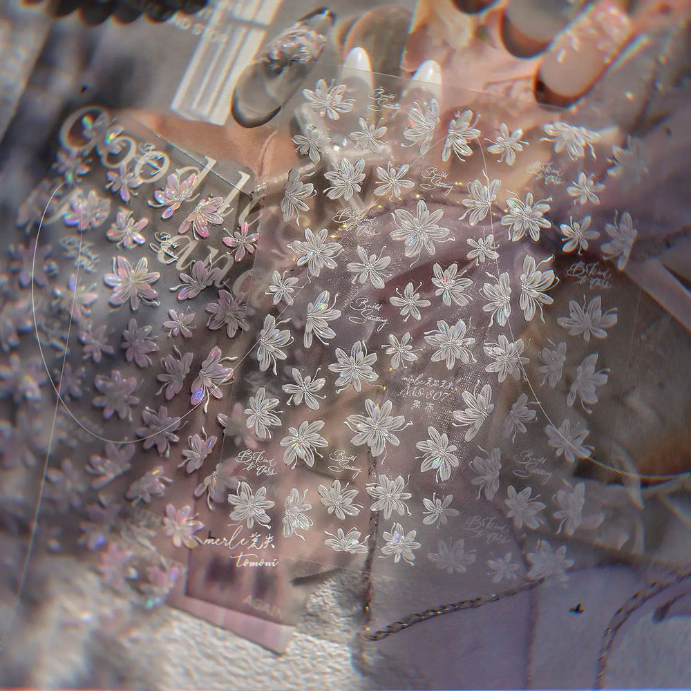 White Pink Flower Dreamy Romantic Petal Jelly Shiny Peach Blossom Polarized Light Delicate Nail Art Stickers 5D Manicure Decals (ONLINE ORDER ONLY)