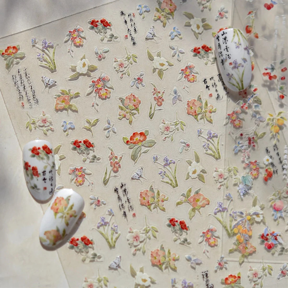 Antique Flowers Bird Swallow Fruit Narcissus Orchid Oranges Peaches Grape Cherry Strawberries Nail Art Stickers Manicure Decals (ONLINE ORDER ONLY)