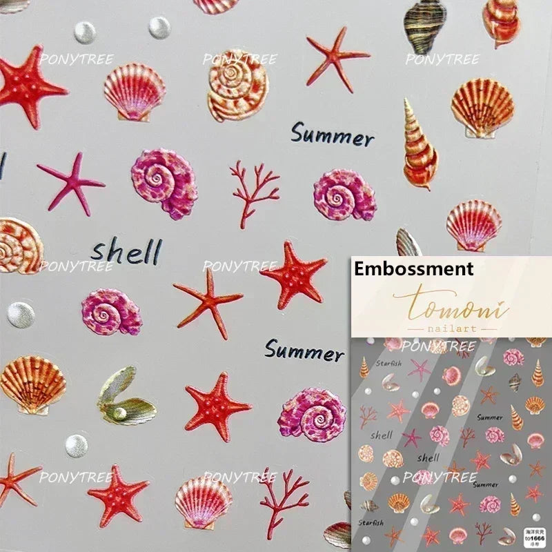Hot Stamping Laser Shell Conch Starfish Pearl Whale Coral Dolphin Summer Beach Sea Wave Jellyfish Bubble Nail Art Stickers Decal (ONLINE ORDER ONLY)