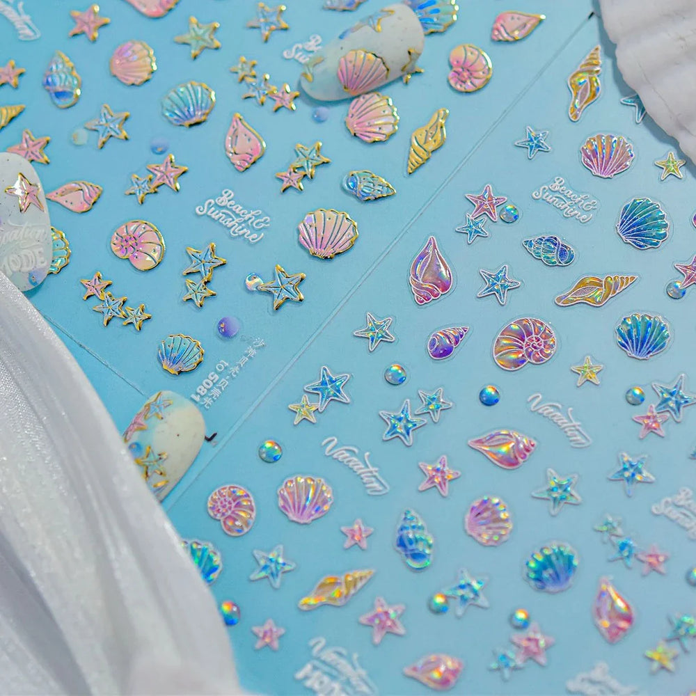 Shiny Colourful Marine Shell Starfish Ocean Elements Star Water Bubbles Star Conch Underwater Nail Art Stickers Manicure Decals (ONLINE ORDER ONLY)