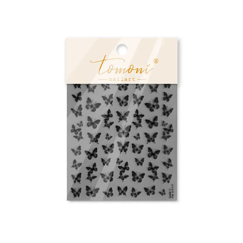 Charming Beautiful Black White Small Butterfly Flower Petal Love Heart Bowknot 5D Self Adhesive Nail Art Sticker Manicure Decals (Online Order Only)