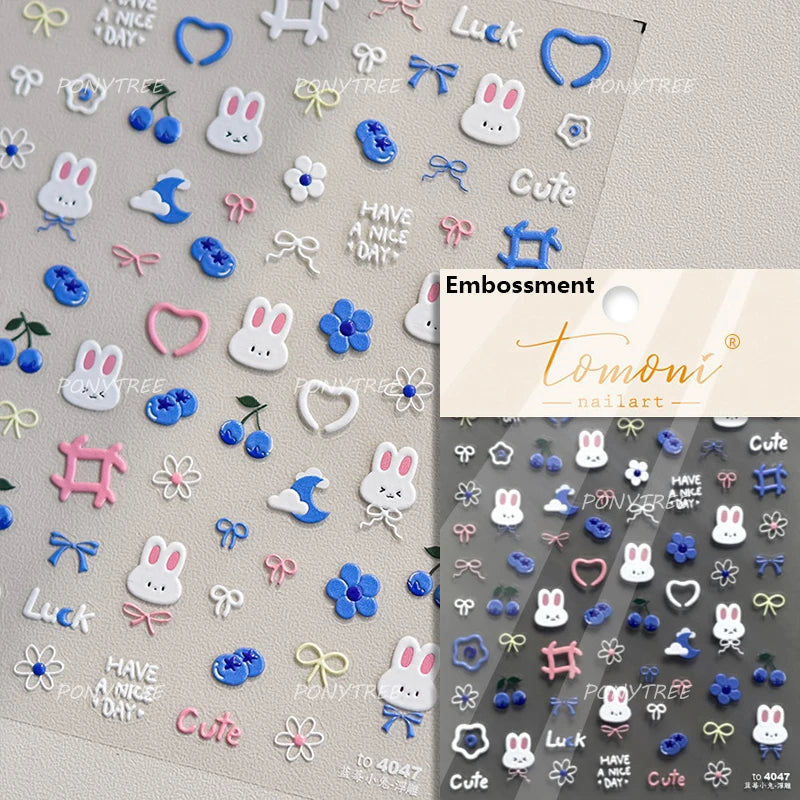 Cute Rabbit Fan Peach Blossom Teacup Lollipop Strawberry Star Cherry Hat Soft Embossed Adhesive Nail Art Stickers Manicure Decal (ONLINE ORDER ONLY)
