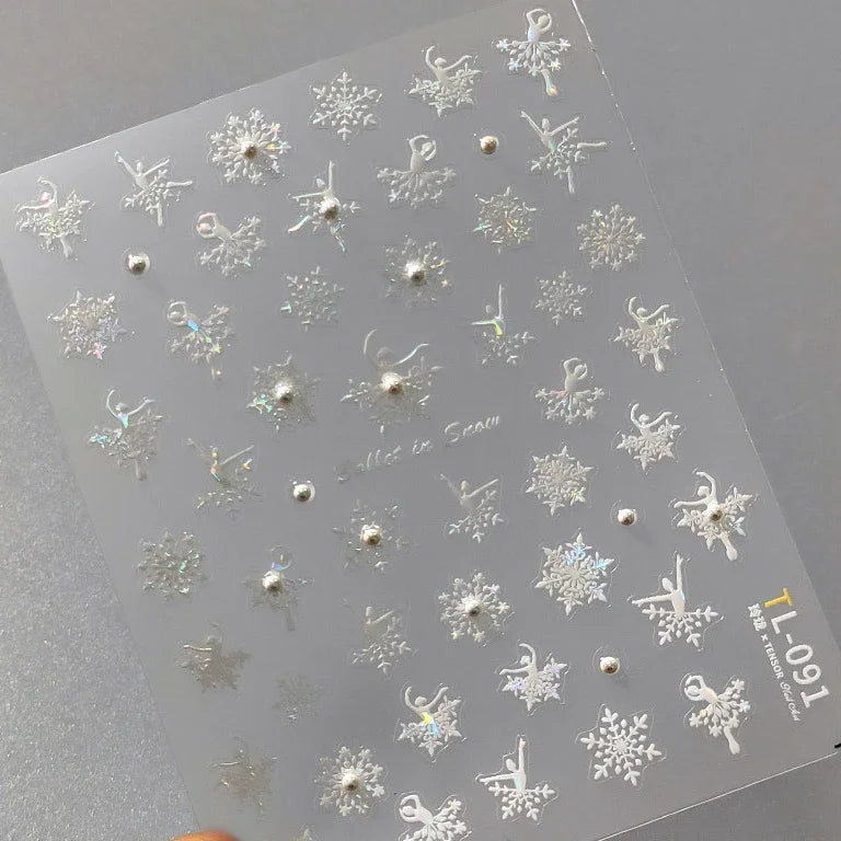 Winter Dreamy Hot Stamping Romantic White Pink Snowflakes Hexagon 3D Self Adhesive Nail Art Stickers Christmas Manicure Decals (ONLINE ORDER ONLY)