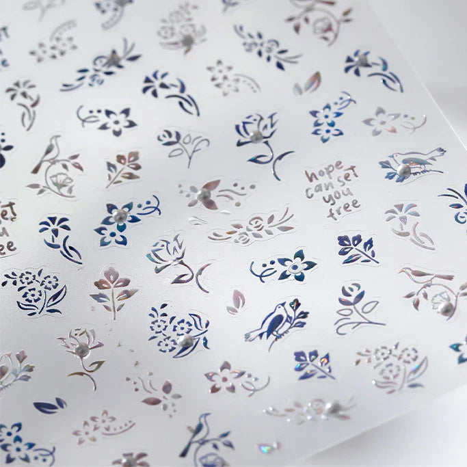 Blue Flower Vivid Bird Hope Can Set You Free Magpie Leaf Pearl Letter Adhesive Nail Art Sticker Aesthetic Beauty Manicure Decal (ONLINE ORDER ONLY)