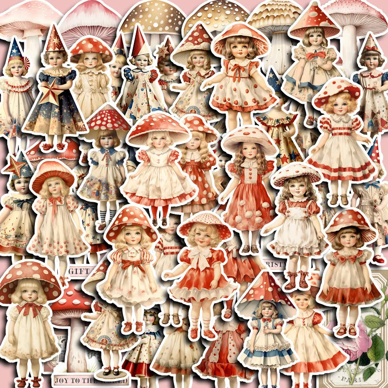 Retro Mushroom Girl Stickers for Phone Laptop Luggage Skateboard - 10/30/50PCS (ONLINE ORDER ONLY)