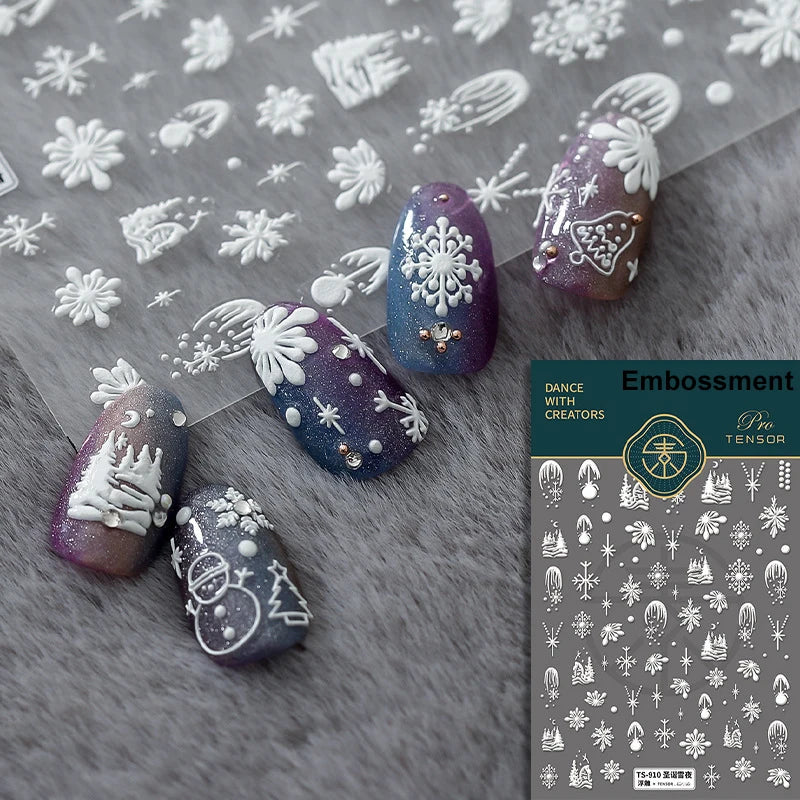 Hot Stamping Romantic White Gold Snowflakes Hexagon Winter 3D Self Adhesive Nail Art Stickers Shiny Rhinestone Manicure Decals (Online Order Only)