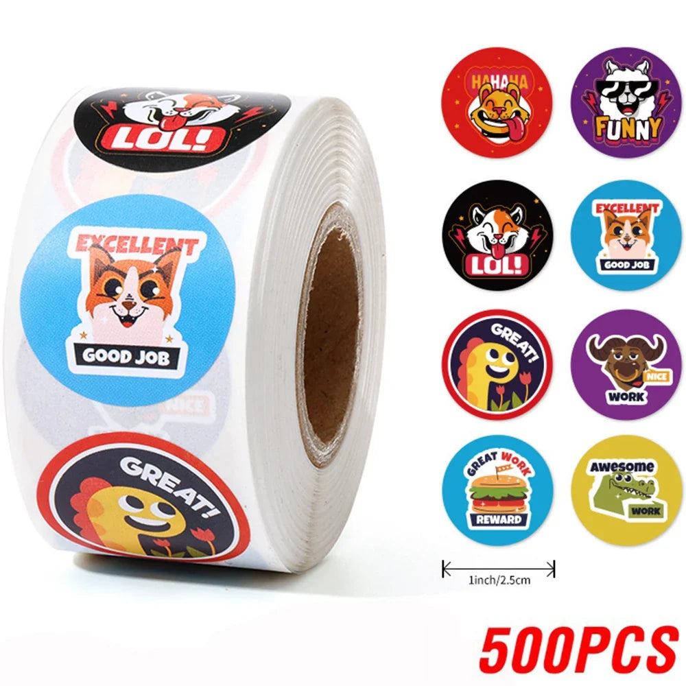 100-500 Pcs 1inch/2.5cm Animal Good Job Cool Stickers Roll for Envelope Praise Reward Student Work Label Stationery Seal Lable (ONLINE ORDER ONLY)