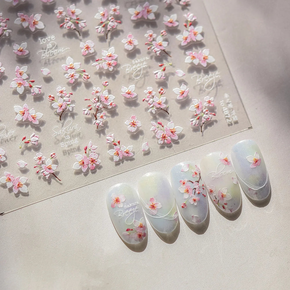 Flowers Blooming Cherry Blossom Sakura Living Peach Branch 5D Soft Relief Spring Adhesive Nail Art Sticker Chic Manicure Decals (ONLINE ORDER ONLY)