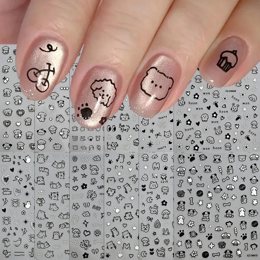 1Pc 3D Cute Black Silver Smile Dog Decals Y2K Cartoon Cat Footprint Nail Stickers Graffiti Star Heart DIY Manicure Slider Decor* (ONLINE ORDER ONLY)