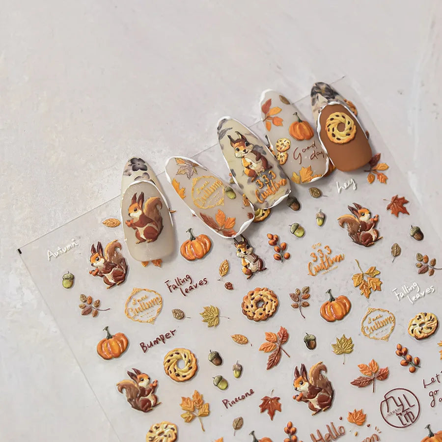 Charming Sunflower Rabbit Pumpkin Squirrel Pinecone Deciduous Produce Good Harvests Cookie Nail Art Sticker Decoration Decals (ONLINE ORDER ONLY)