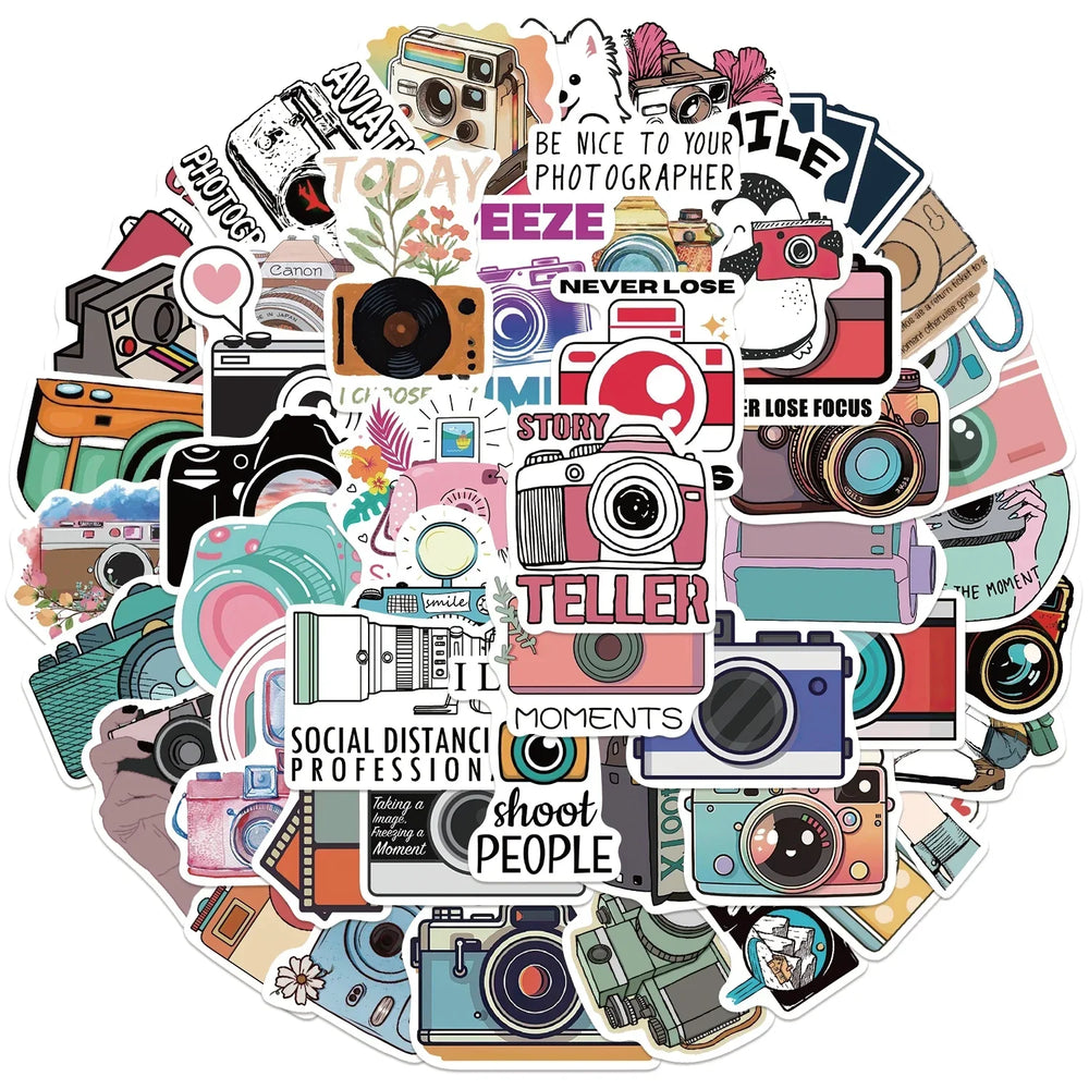 50Pcs Aesthetic Camera Stickers for Scrapbook, Phone, Luggage, Skateboard (ONLINE ORDER ONLY)