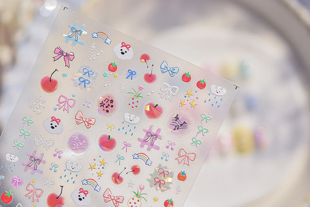 Dyeing Apple Cherry Fruit Dog Puppy Bowknot Colorful Cartoon Graffiti Reliefs Adhesive Nail Art Stickers Flowers Manicure Decals (ONLINE ORDER ONLY)