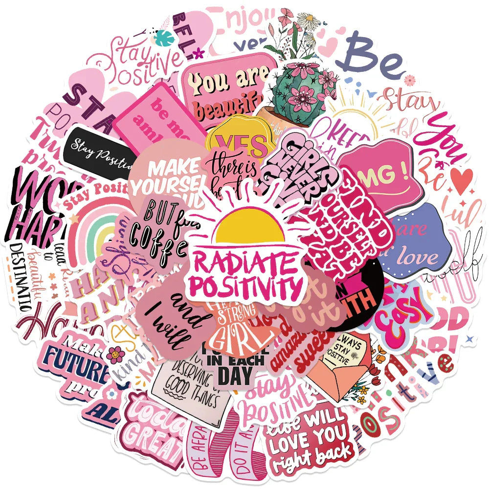50Pcs Pink Motivational Doodle Stickers for Phone, Skateboard, Laptop, Motorcycle (ONLINE ORDER ONLY)