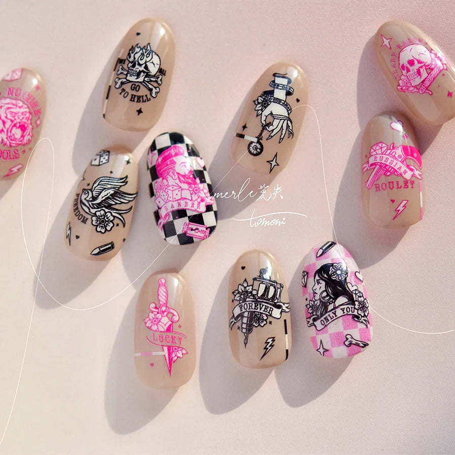 Retro Black Line Skull Man Woman 5D Embossed Relief Self Adhesive Nail Art Sticker Bear Bunny Hand Bird Horror 3D Manicure Decal (Online Order Only)