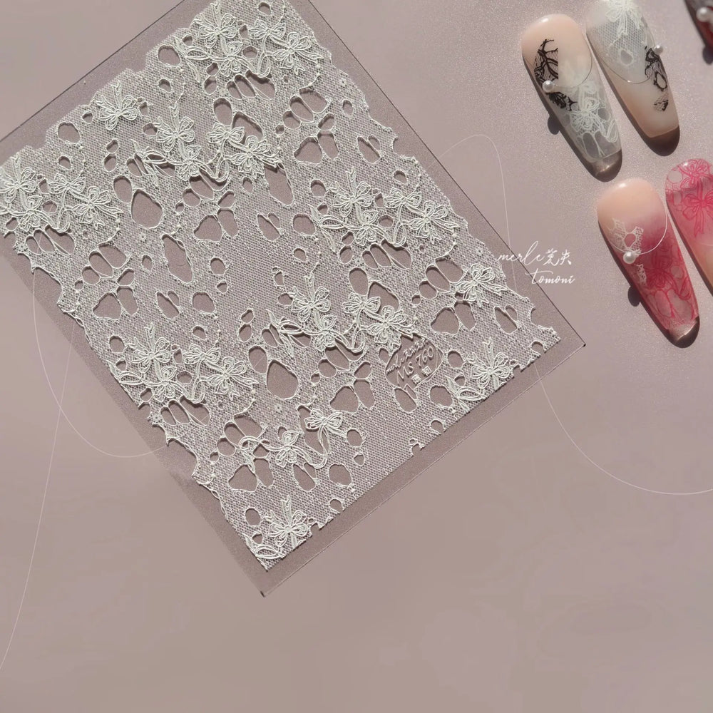 Lace Bowknot Hollow Out Fabric Art Fragmentation Sensation Petal Embossed Hottie Adhesive Nail Art Sticker Chic Manicure Decals (ONLINE ORDER ONLY)
