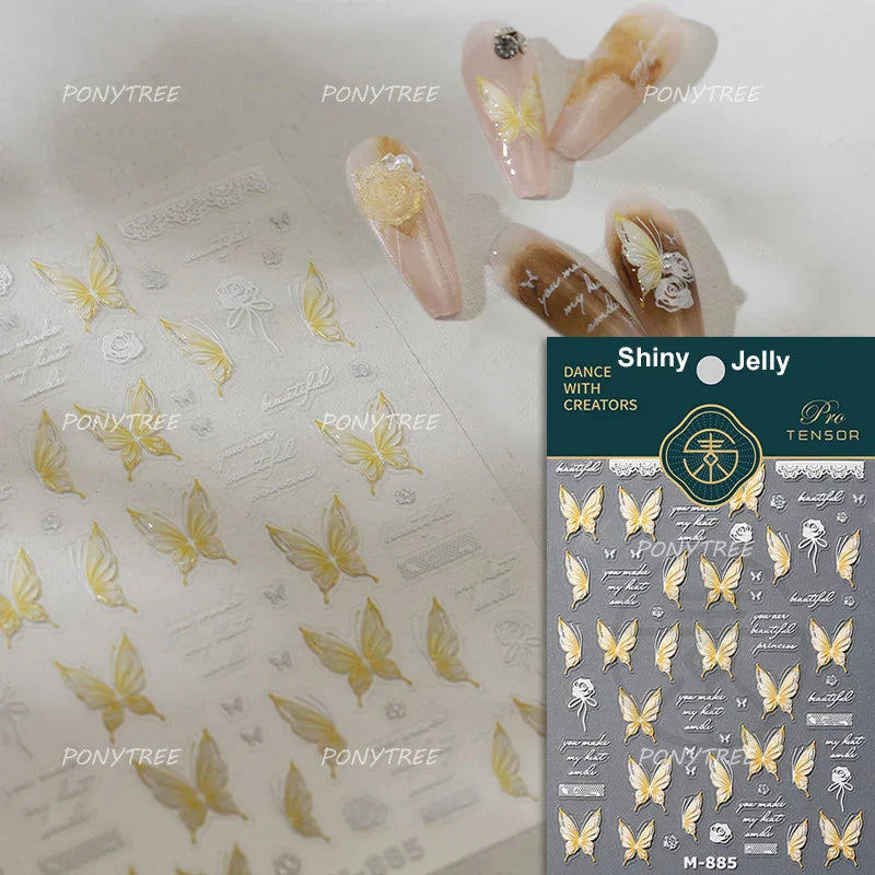 Yellow Butterfly Rose Flower Lace Gradual Wing Charming Romantic Jelly Camellia Self Adhesive Nail Art Stickers Manicure Decals (Online Order Only)
