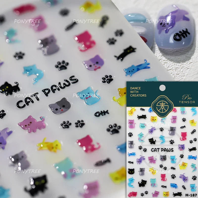 Lovely Cartoon Halo Dyeing Cat Bowkbot Paw Kitten Star Love Charming Self Adhesive Nail Art Sticker Cute Animals Manicure Decal (ONLINE ORDER ONLY)