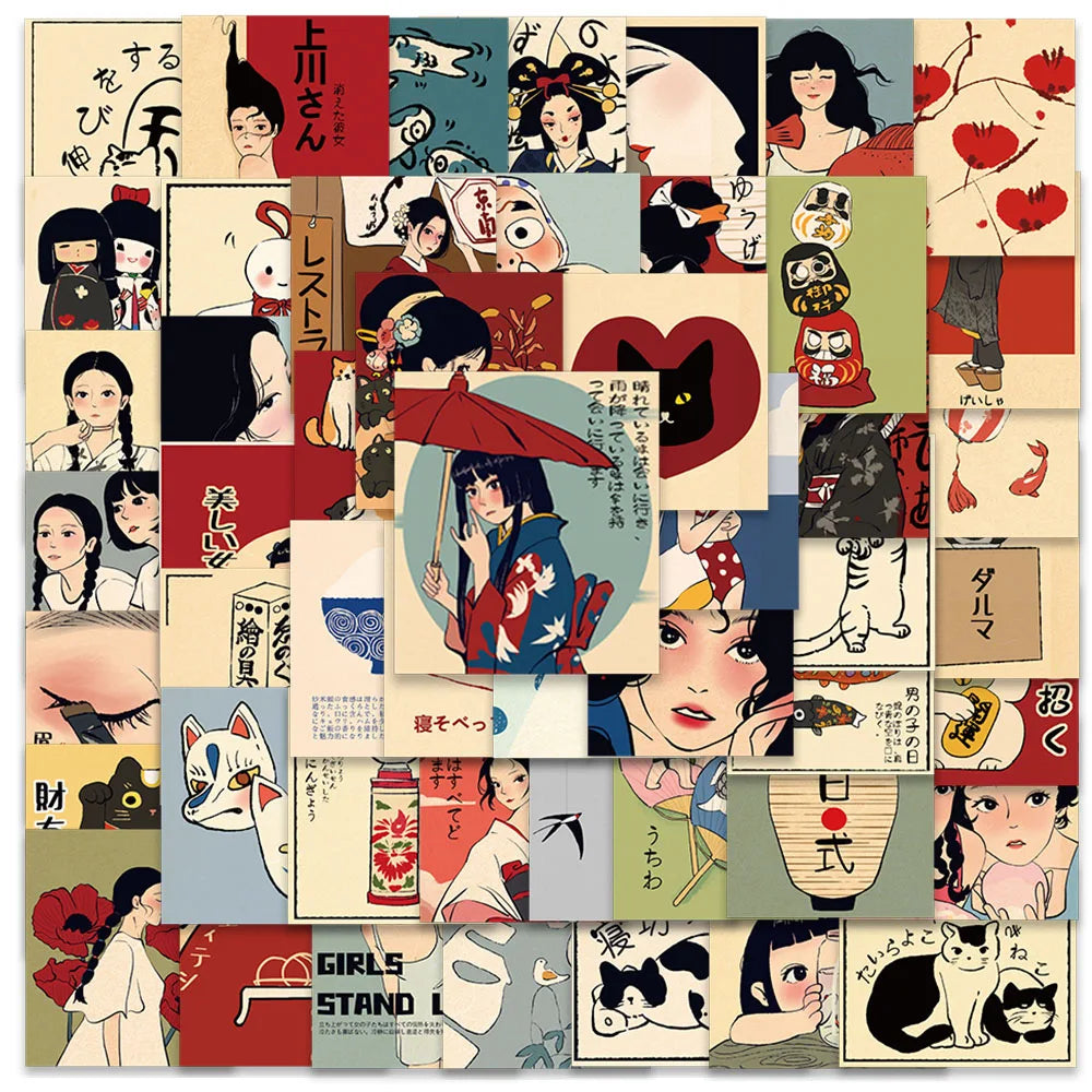 50pcs Aesthetic Japanese Culture Stickers Retro Cartoon Water Bottle Stickers Laptop Luggage Notebook Waterproof Vinyl Decals (Online Order Only)
