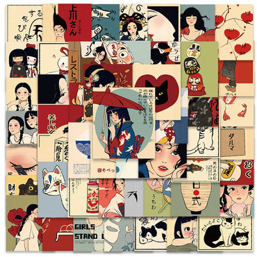 50pcs Aesthetic Japanese Culture Stickers Retro Cartoon Water Bottle Stickers Laptop Luggage Notebook Waterproof Vinyl Decals (Online Order Only)