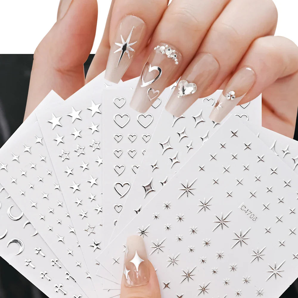 6 Sheets Metal Silver Nail Stickers Metallic 3D Star Nail Art Stickers Decals Self-Adhesive Nail Art Stickers Metal Chain Heart (ONLINE ORDER ONLY)