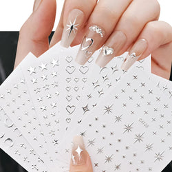6 Sheets Metal Silver Nail Stickers Metallic 3D Star Nail Art Stickers Decals Self-Adhesive Nail Art Stickers Metal Chain Heart (ONLINE ORDER ONLY)