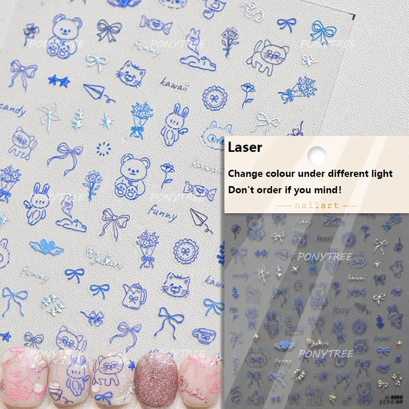 Cute Bear Teddy Birthday Party Maillard Bear Cake Flower Bouquet Lucky Love Heart 5D Adhesive Nail Art Sticker Manicure Decals (Online Order Only)
