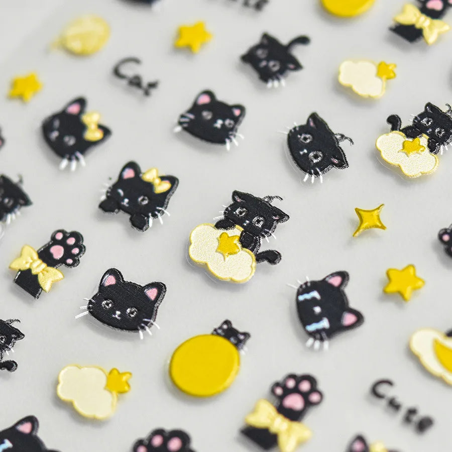 Cartoon Black Kitten Cute Cat Star Moon Bowknot Cat's Paw Flaky Cloud Self Adhesive Nail Art Decoration Stickers Manicure Decals (ONLINE ORDER ONLY)