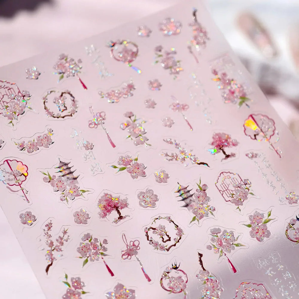 Romantic Pink Peach Blossom Tower Circular Fan Hollowed Window Tassel Pendant Antique Tree Chic Nail Art Stickers Manicure Decal (ONLINE ORDER ONLY)