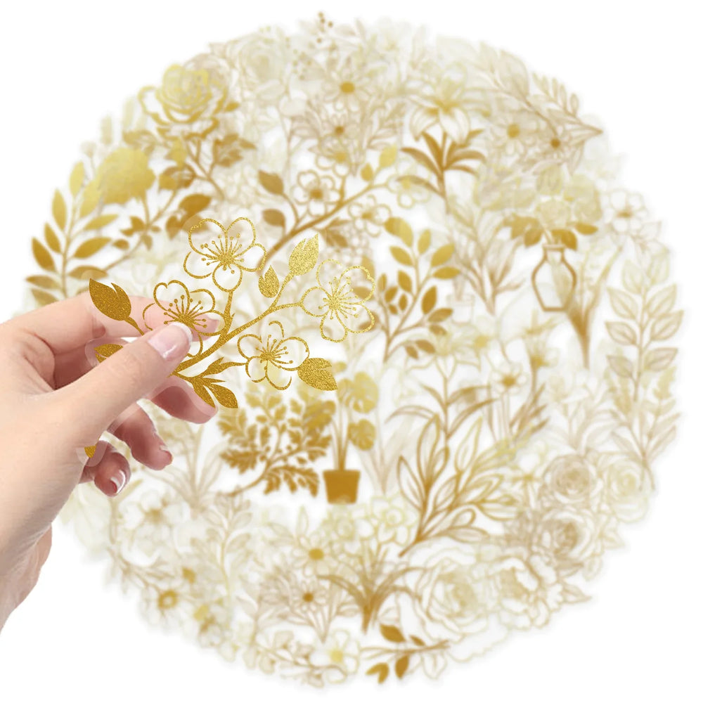 10/30/50PCS Transparent Stickers Golden Graffiti Decoration Plant DIY Sticker Aesthetics Toy Laptop Phone Guitar Car Bike Decals (ONLINE ORDER ONLY)