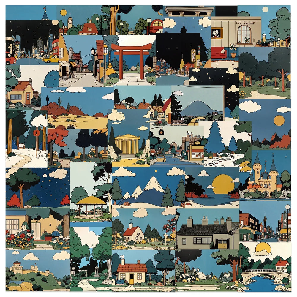 50PCS Retro Cartoon Landscape Stickers for Laptop Guitar Luggage Bike Skateboard Waterproof Decals (Online Order Only)