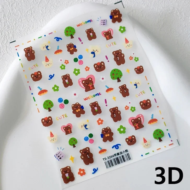 Retro Love Heart White Lace flower Bowknot Tie Pink Bear Flower Strawberry Adhesive Nail Art Stickers Rhinestone Manicure Decals (ONLINE ORDER ONLY)