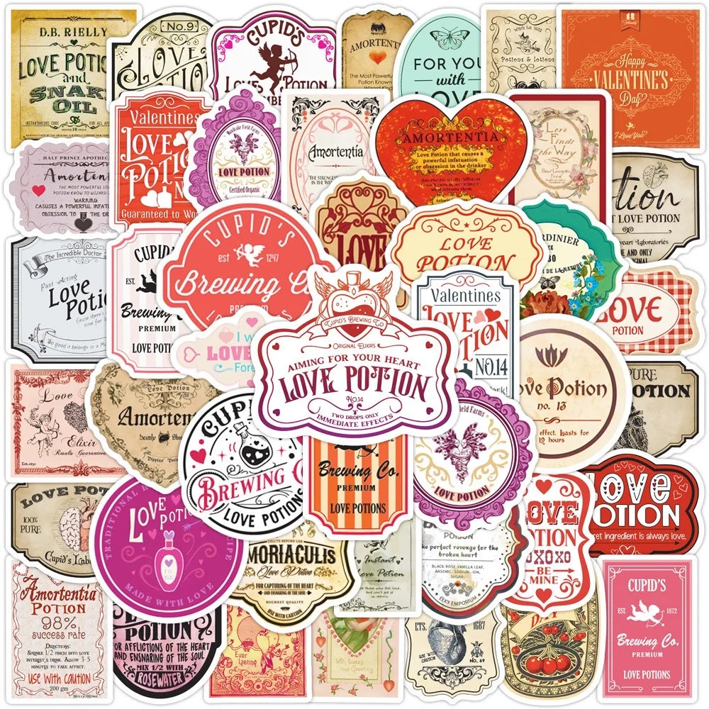 10/50Pcs Funny Vintage Halloween Valentine's Day Love Potion Label Sticker Packs (Online Order Only)