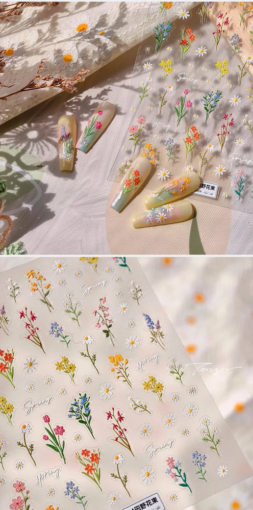 Field Bouquet Canola Flowers Daisy Tulip Garden Lavender Spring Embossed Reliefs Self Adhesive Nail Art Stickers Manicure Decals (ONLINE ORDER ONLY)