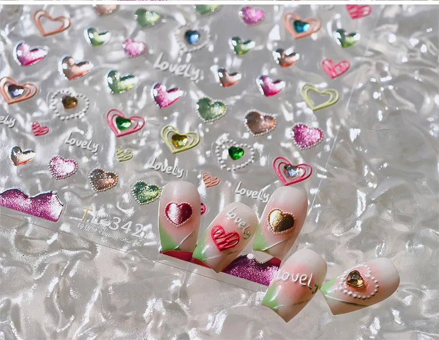 Lovely Love Heart Graffiti Crystal Geometric Cat's Eye Macaron Color Hollow Out Self Adhesive Nail Art StickersManicure Decals (ONLINE ORDER ONLY)