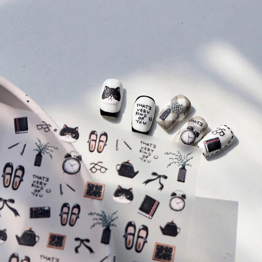 Black Cat Kitten Glasses Camera Timepiece Shoe Notebook Vase Pen Teapot Bowknot Item Adhesive Nail Art Stickers Manicure Decals (Online Order Only)