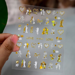 1PC Holographic Laser Heart Nail Stickers-3D Self-Adhesive Golden White Valentines Day Nail Decals For Women Nail Art Decoration (ONLINE ORDER ONLY)