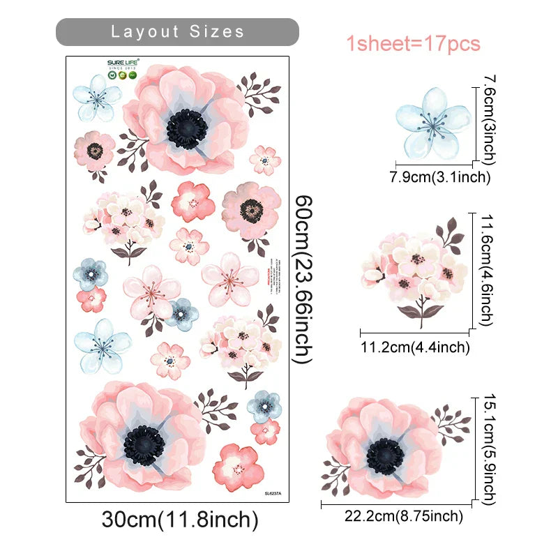 Watercolor Pink Brown Flower Wall Stickers Nursery Decals Girls Room (Online Order Only)