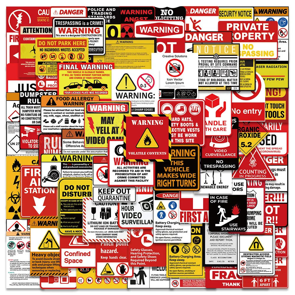 10/40/75pcs Funny Warning Stickers Danger Banning Signs Reminder Decals Skateboard Car Laptop Motorcycle Cool Waterproof Sticker (Online Order Only)