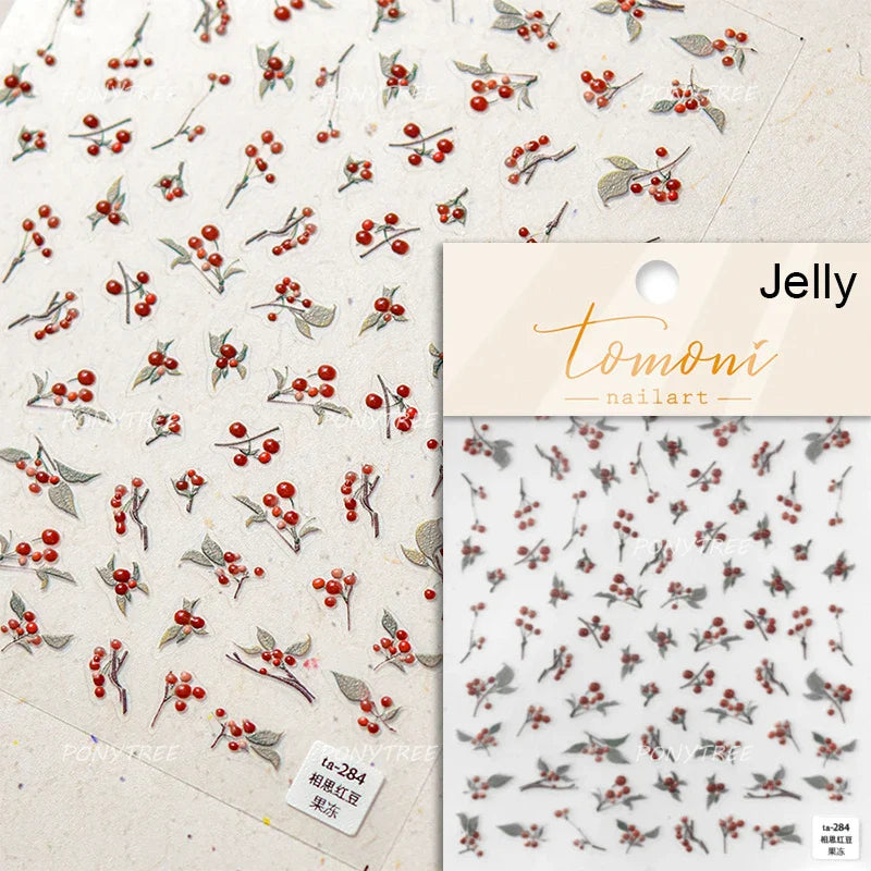 Strawberry Cherry Loquat Longan Peach Grapes Plant Red Bean Fruit Flat Realistic Painting 3D Nail Art Stickers Manicure Decals (ONLINE ORDER ONLY)