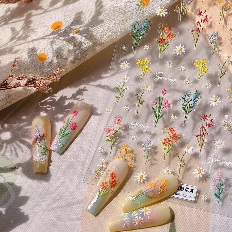 Field Bouquet Canola Flowers Daisy Tulip Garden Lavender Spring Embossed Reliefs Self Adhesive Nail Art Stickers Manicure Decals (ONLINE ORDER ONLY)